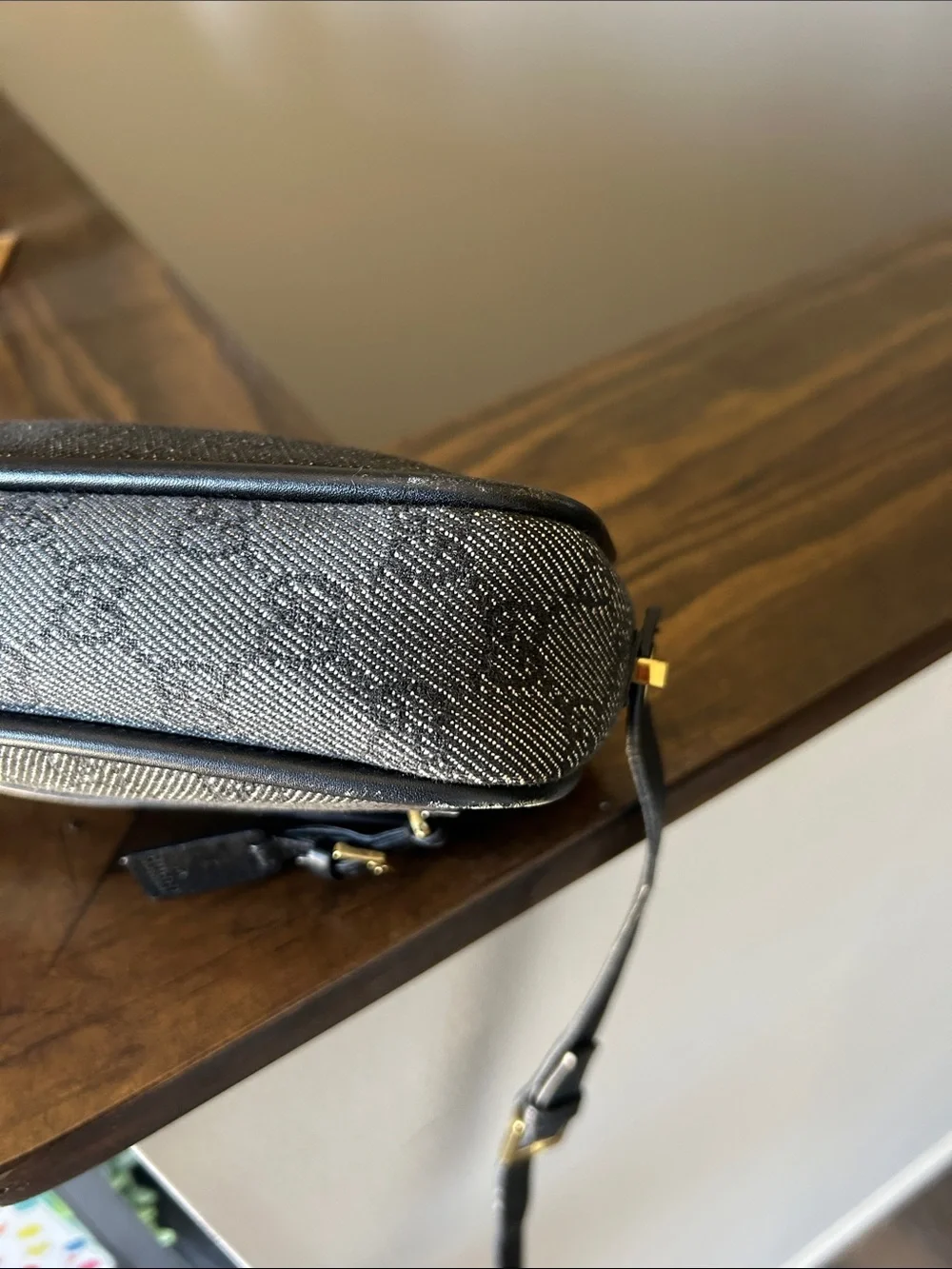 466. Gucci Black/Gray Monogram Belt Bag with Leather Trim w/coa